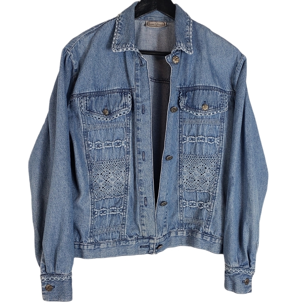 Vintage Saint Germain Blue Chambray Jacket Sz L ? Crotchet Button Up Jean Denim - Picture 2 of 12